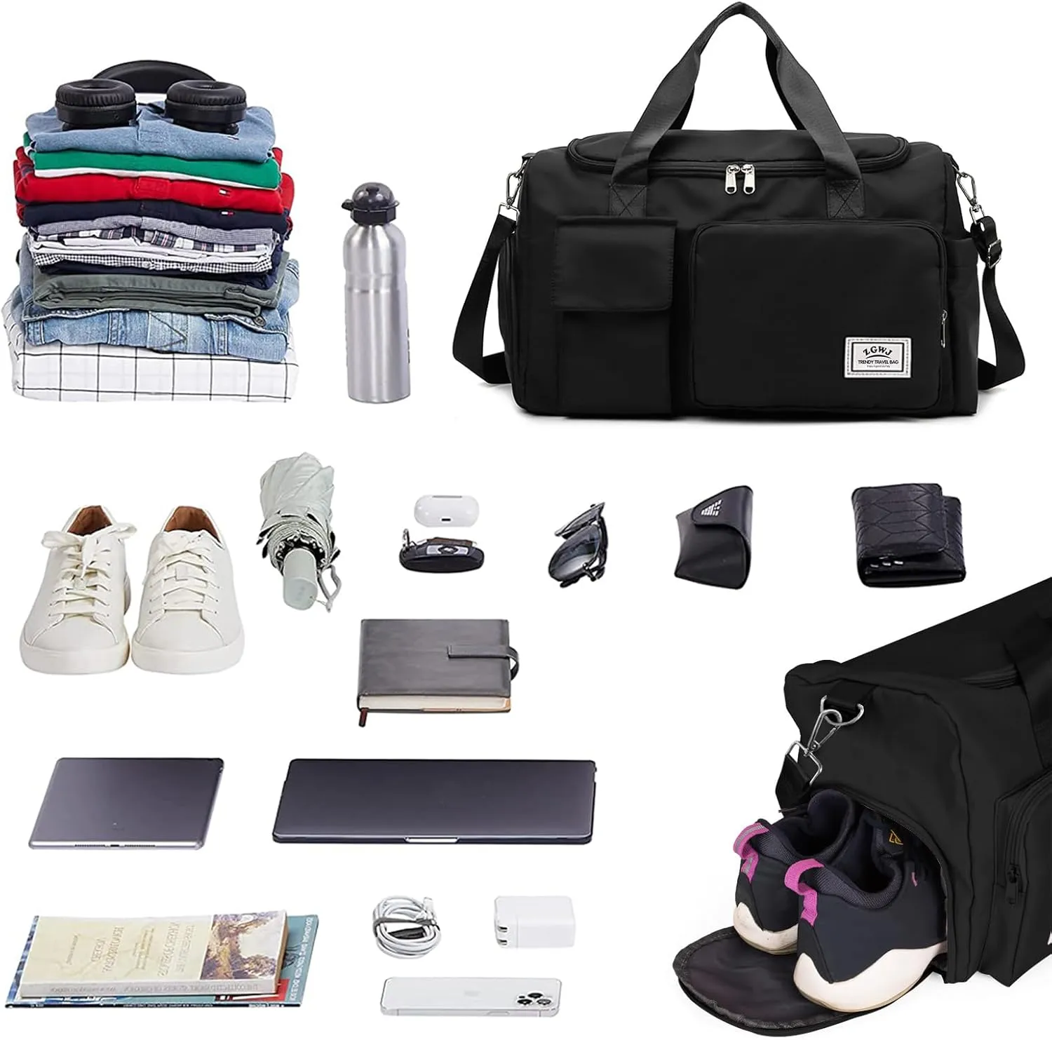 Travel Duffel Tote Bag with Dry Wet Separation Pocket, Weekender Bag for Women and Men，Waterproof Bag with Shoe Compartment Lightweight and Easy Carry on Black