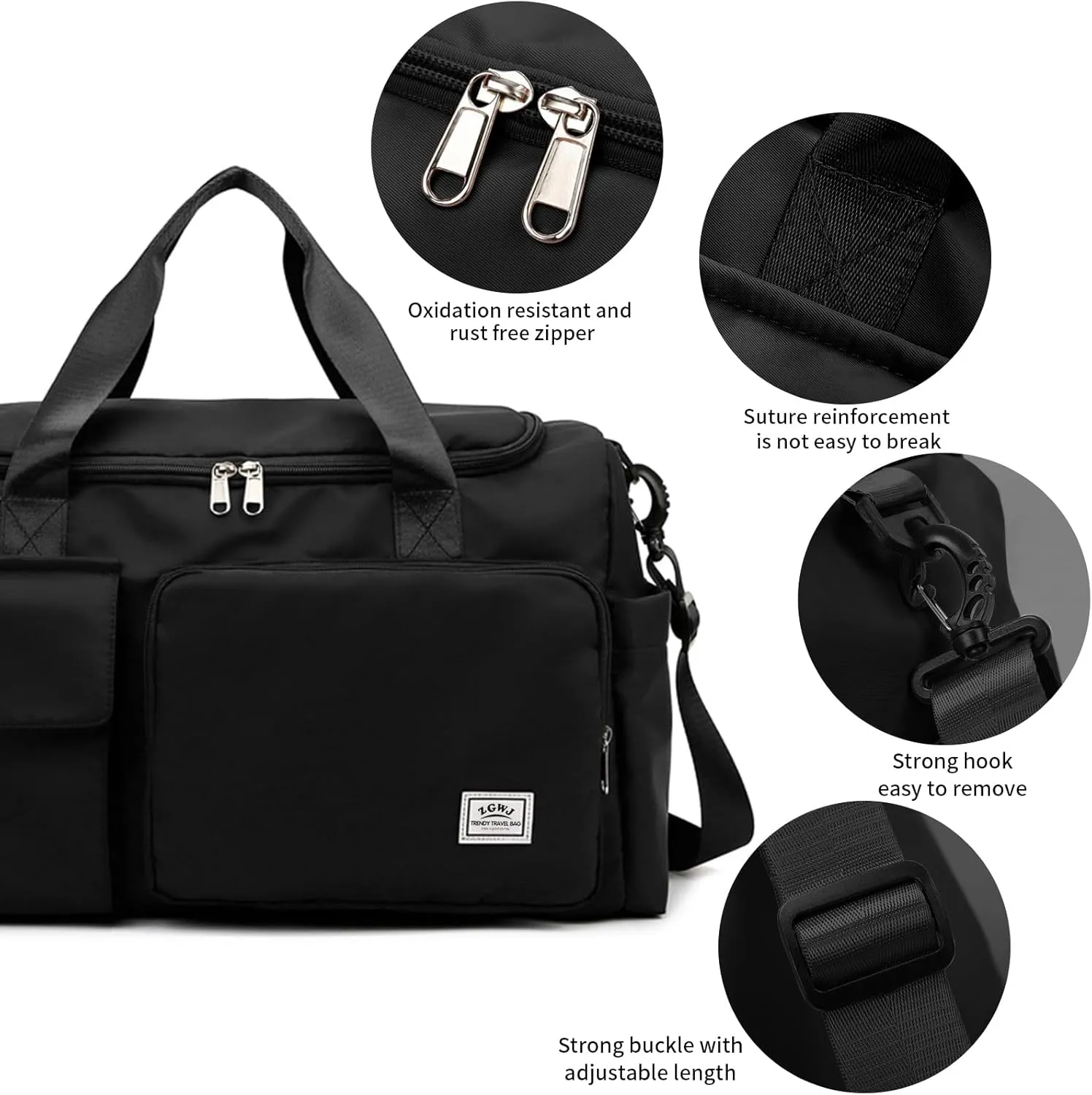 Travel Duffel Tote Bag with Dry Wet Separation Pocket, Weekender Bag for Women and Men，Waterproof Bag with Shoe Compartment Lightweight and Easy Carry on Black