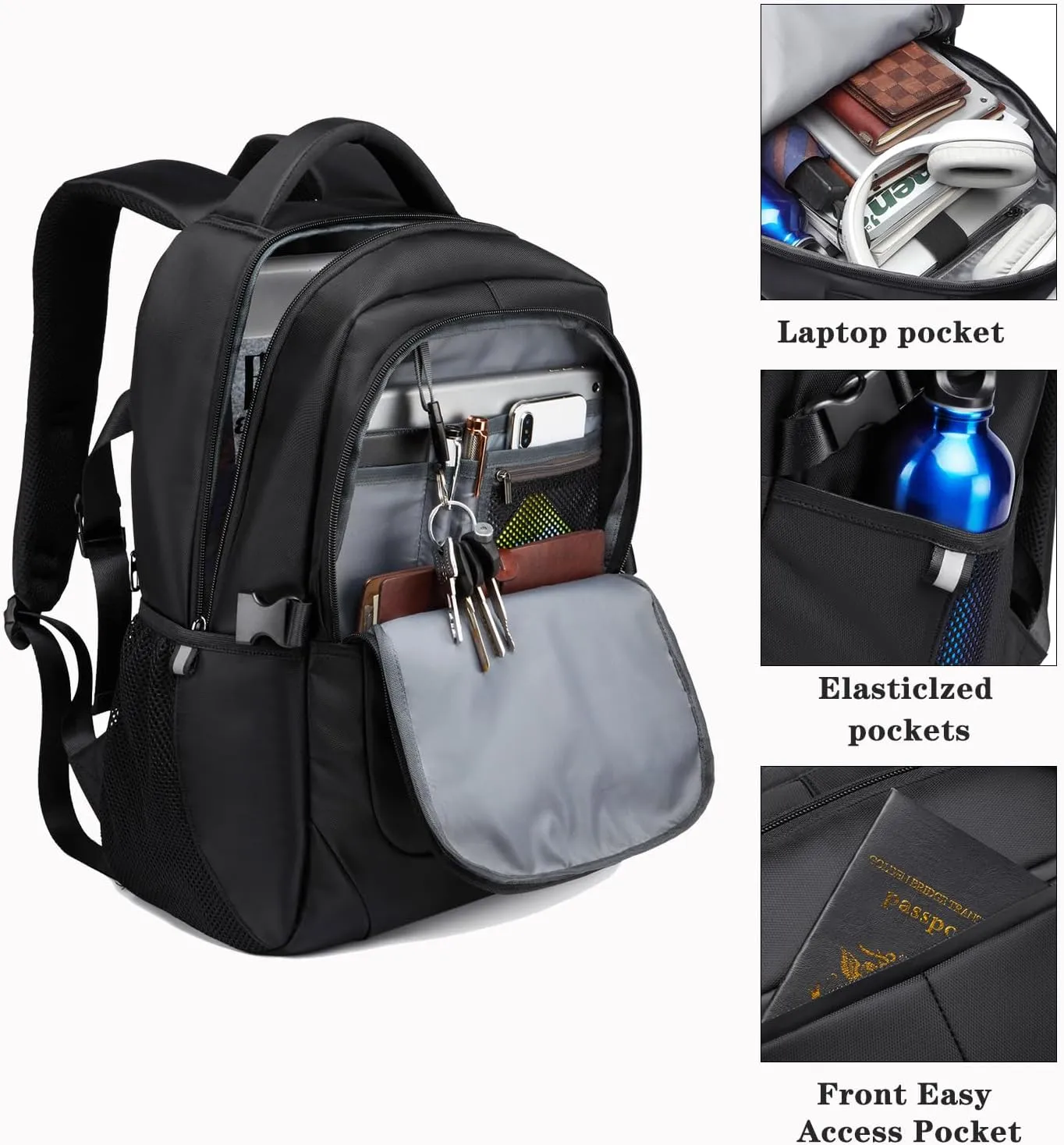 Travel Laptop Backpack for Men, Water Resistant Backpack Airline Approved Business Work Bag with USB Charging Port Fits 15.6 Inch Computer, Black