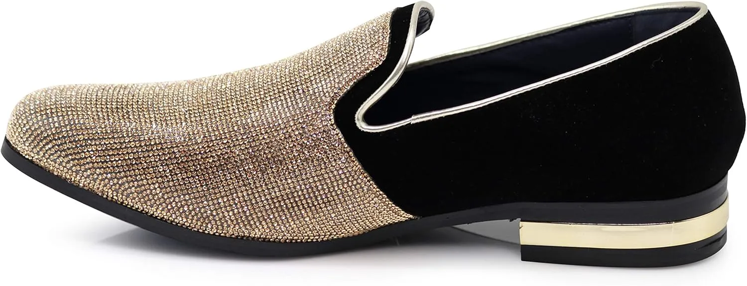 TRS Men Rhinestone Round Toe Suede Chrome Heels Dress Loafer Slip On Fashion Shoes