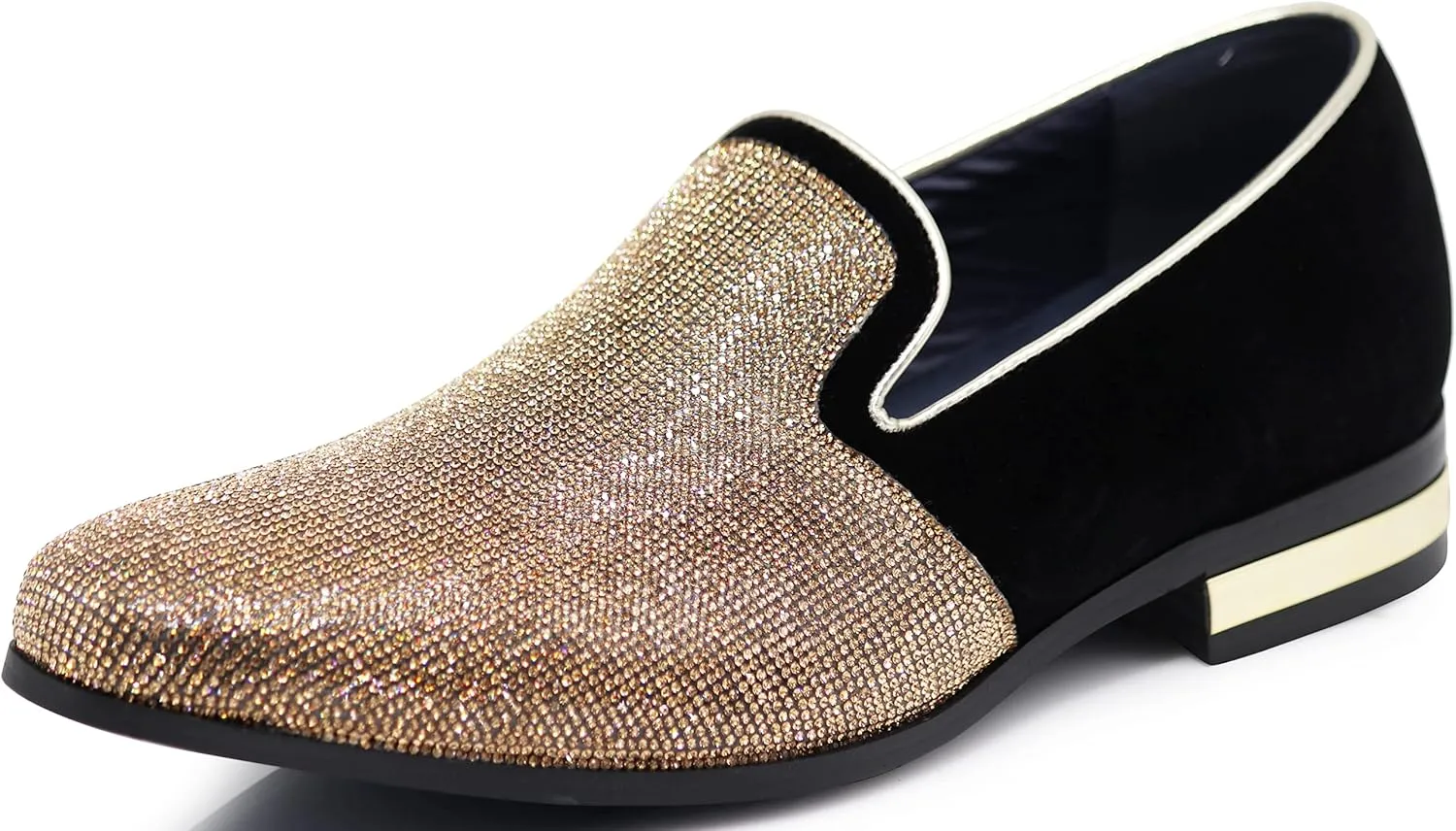 TRS Men Rhinestone Round Toe Suede Chrome Heels Dress Loafer Slip On Fashion Shoes