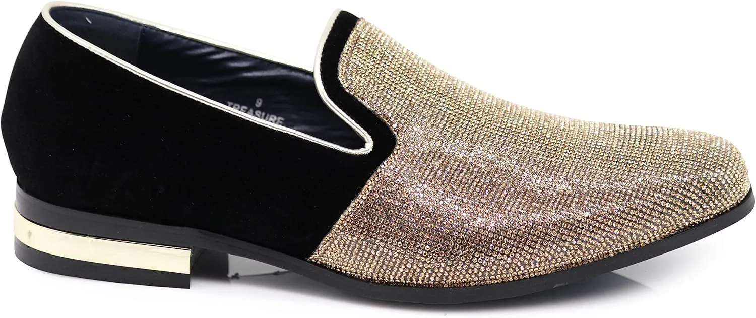 TRS Men Rhinestone Round Toe Suede Chrome Heels Dress Loafer Slip On Fashion Shoes