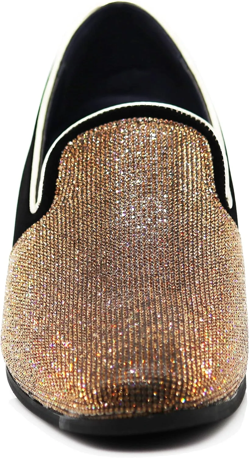 TRS Men Rhinestone Round Toe Suede Chrome Heels Dress Loafer Slip On Fashion Shoes