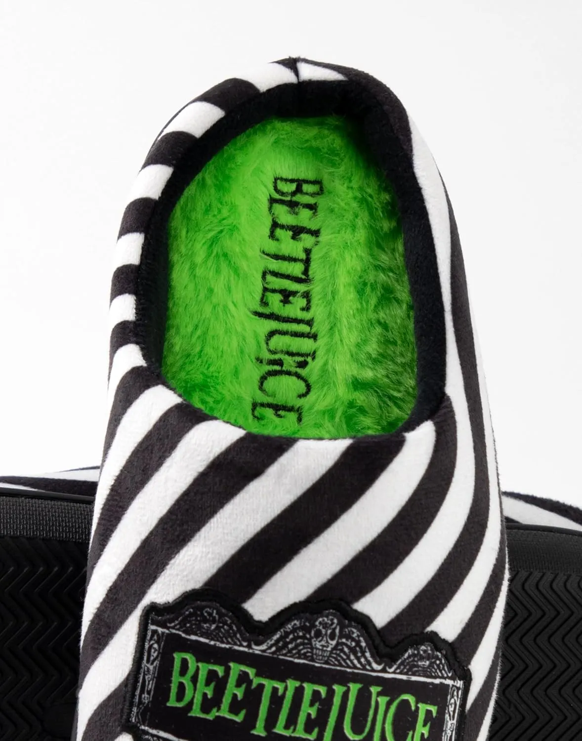 Vanilla Underground Beetlejuice Unisex Black Mule Slippers | Iconic Logo Design House Shoes| Classic Tim Burton Movie Merchandise