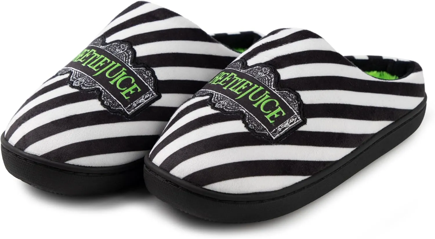 Vanilla Underground Beetlejuice Unisex Black Mule Slippers | Iconic Logo Design House Shoes| Classic Tim Burton Movie Merchandise