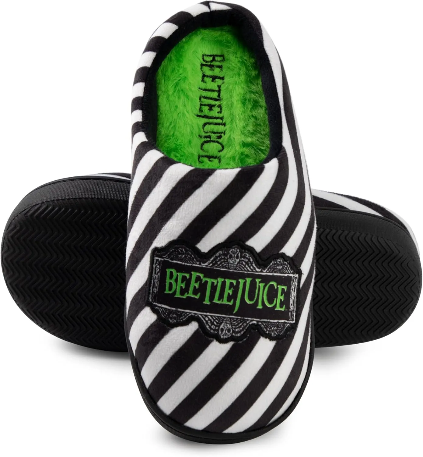 Vanilla Underground Beetlejuice Unisex Black Mule Slippers | Iconic Logo Design House Shoes| Classic Tim Burton Movie Merchandise