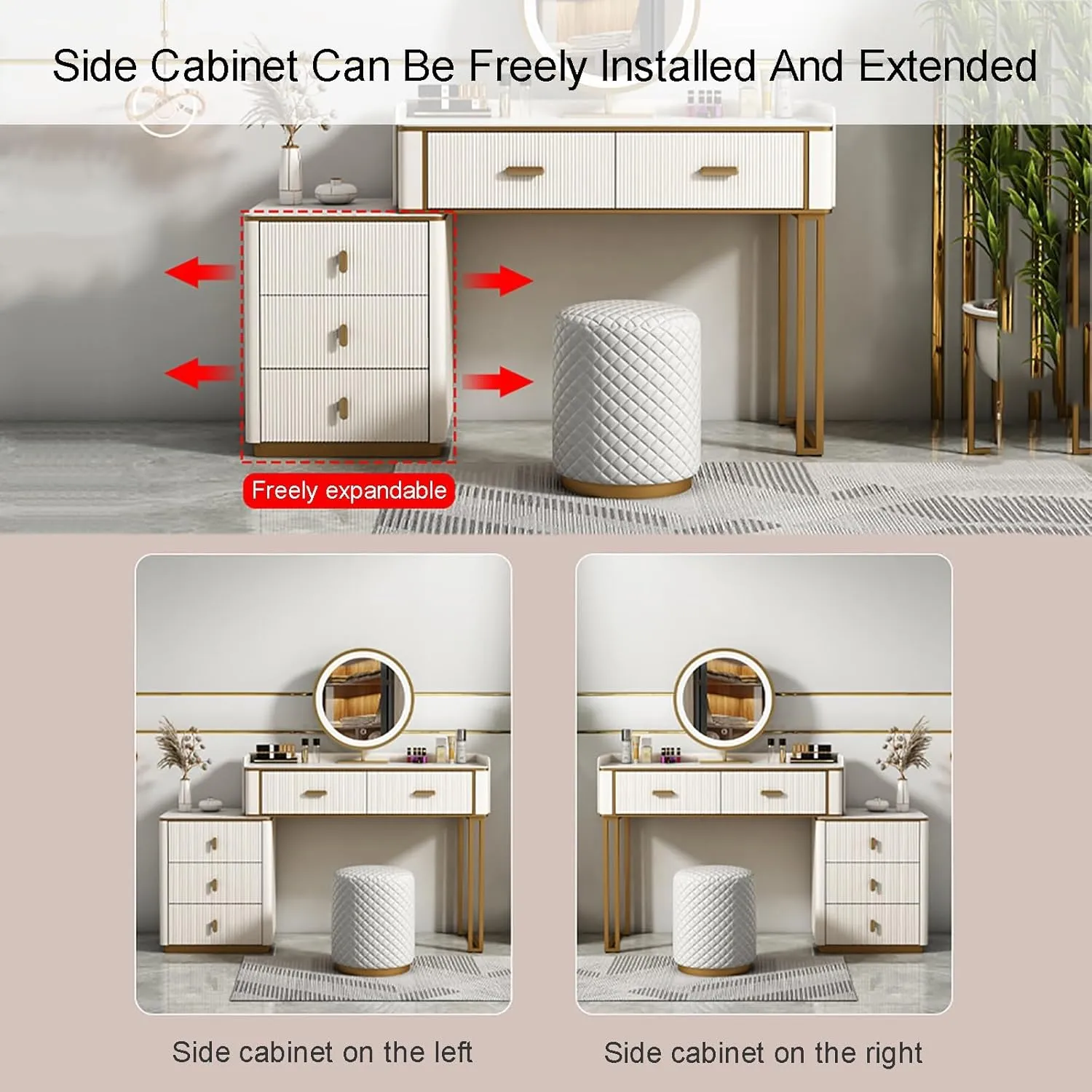Vanity Desk- Makeup Vanity with Wireless Charging Station and Bluetooth Speaker Including LED Makeup Mirror 5 Solid Wood Drawers and Storage Makeup