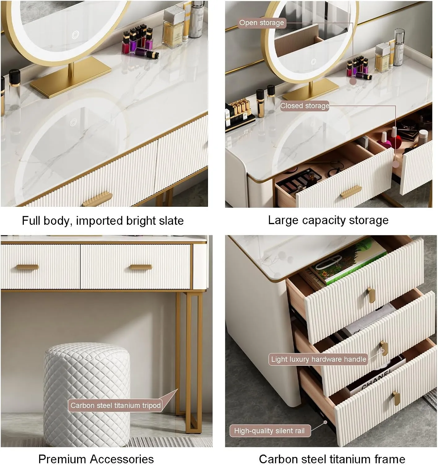 Vanity Desk- Makeup Vanity with Wireless Charging Station and Bluetooth Speaker Including LED Makeup Mirror 5 Solid Wood Drawers and Storage Makeup