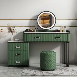 Vanity Desk- Makeup Vanity with Wireless Charging Station and Bluetooth Speaker Including LED Makeup Mirror 5 Solid Wood Drawers and Storage Makeup