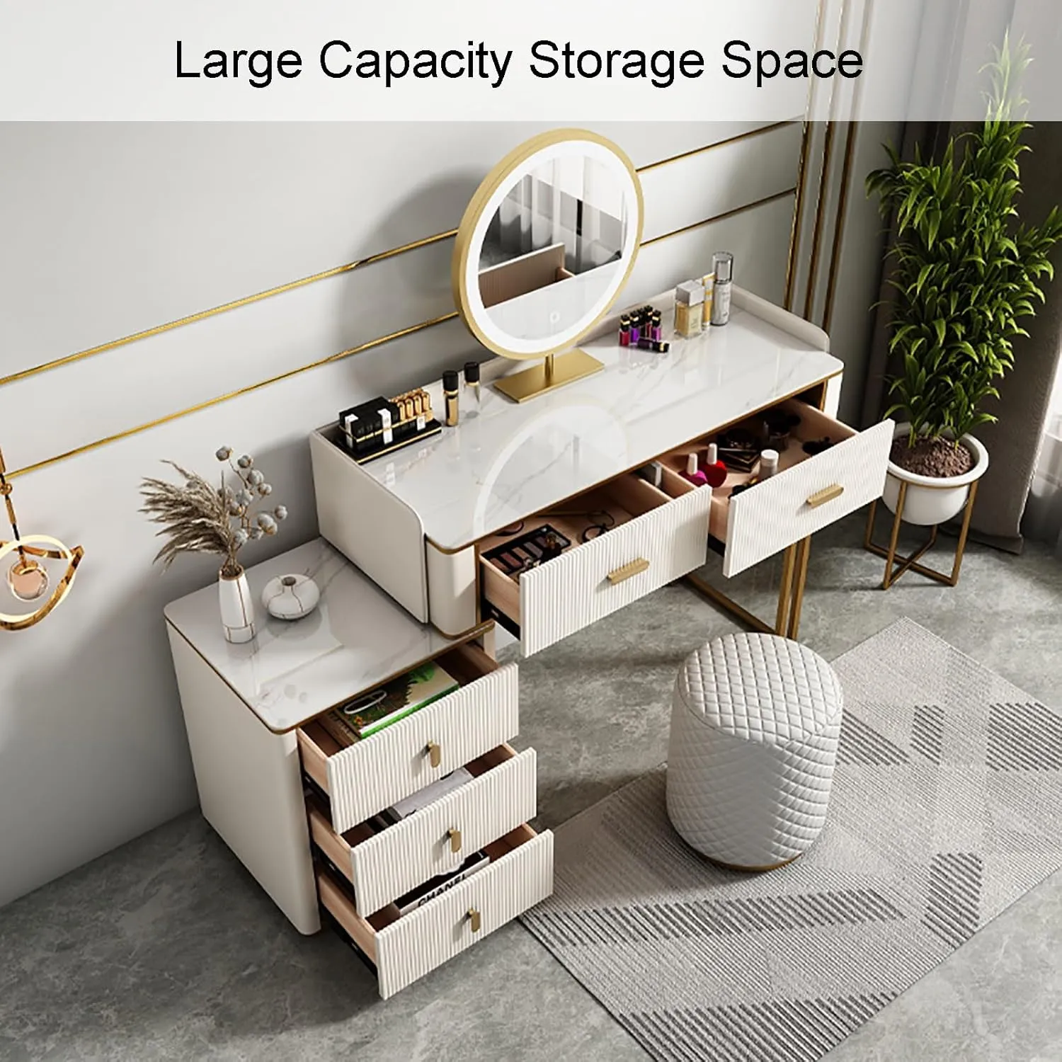 Vanity Desk- Makeup Vanity with Wireless Charging Station and Bluetooth Speaker Including LED Makeup Mirror 5 Solid Wood Drawers and Storage Makeup