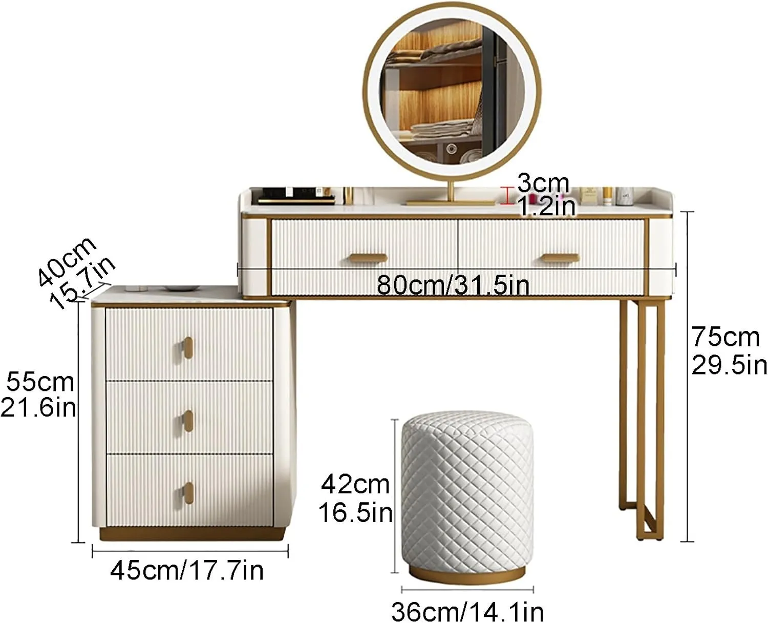 Vanity Desk- Makeup Vanity with Wireless Charging Station and Bluetooth Speaker Including LED Makeup Mirror 5 Solid Wood Drawers and Storage Makeup
