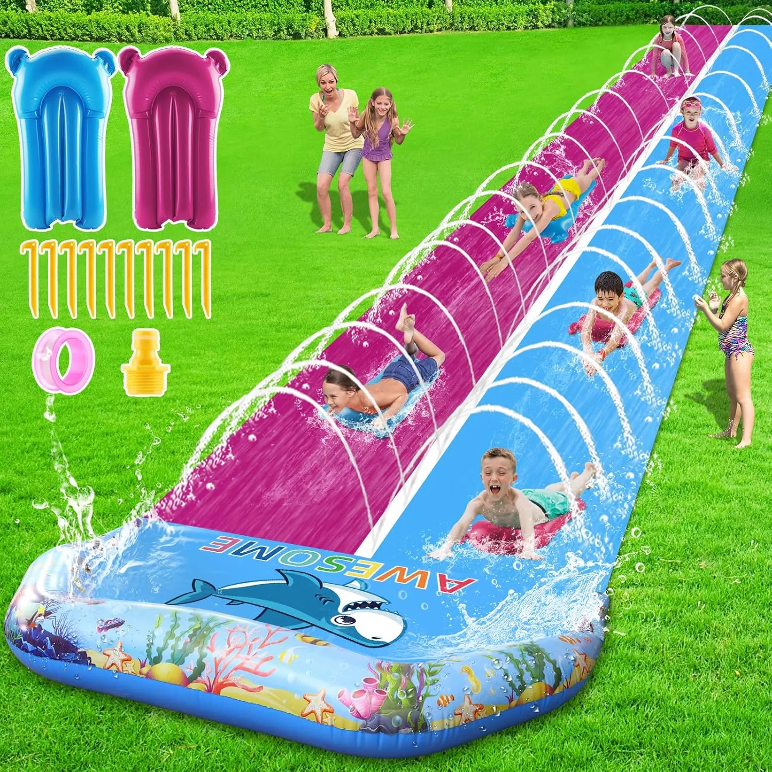 VEEST 33 FT Extra Long Water Slides for Kids Adults, Giant Double Lawn Water Slip Heavy Duty with 2 Bodyboards, Summer Water Slides Toys with Crash Pad for Backyard Outdoor