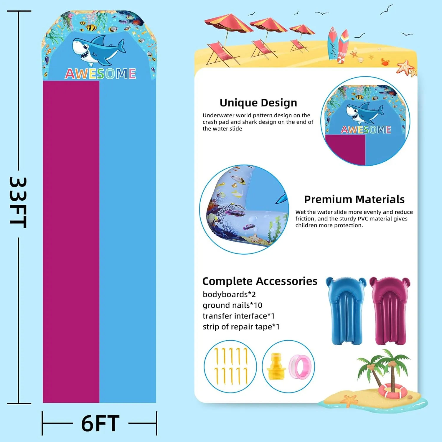 VEEST 33 FT Extra Long Water Slides for Kids Adults, Giant Double Lawn Water Slip Heavy Duty with 2 Bodyboards, Summer Water Slides Toys with Crash Pad for Backyard Outdoor