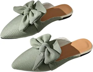 Verdusa Women's Bow Striped Pointed Toe Mule Shoes PU Leather Backless Slip on Slide Flats