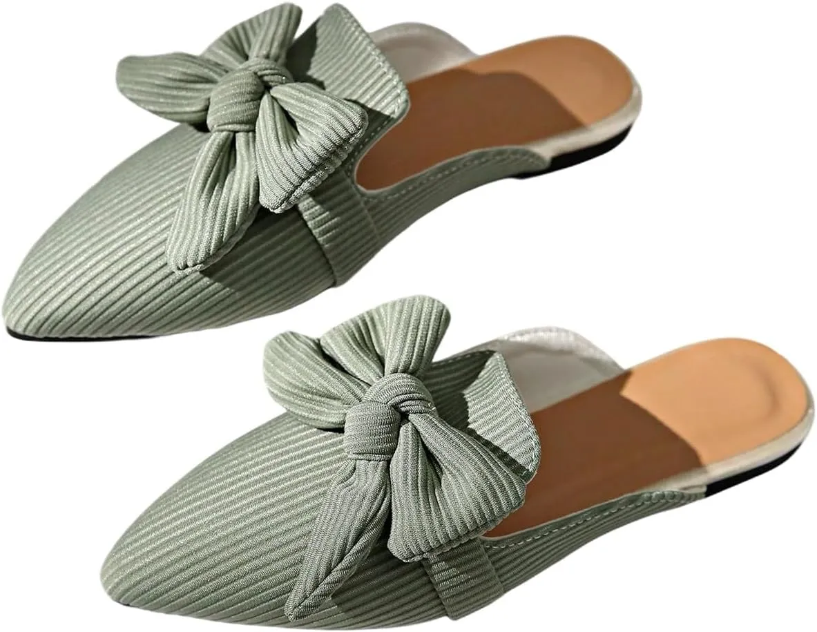 Verdusa Women's Bow Striped Pointed Toe Mule Shoes PU Leather Backless Slip on Slide Flats