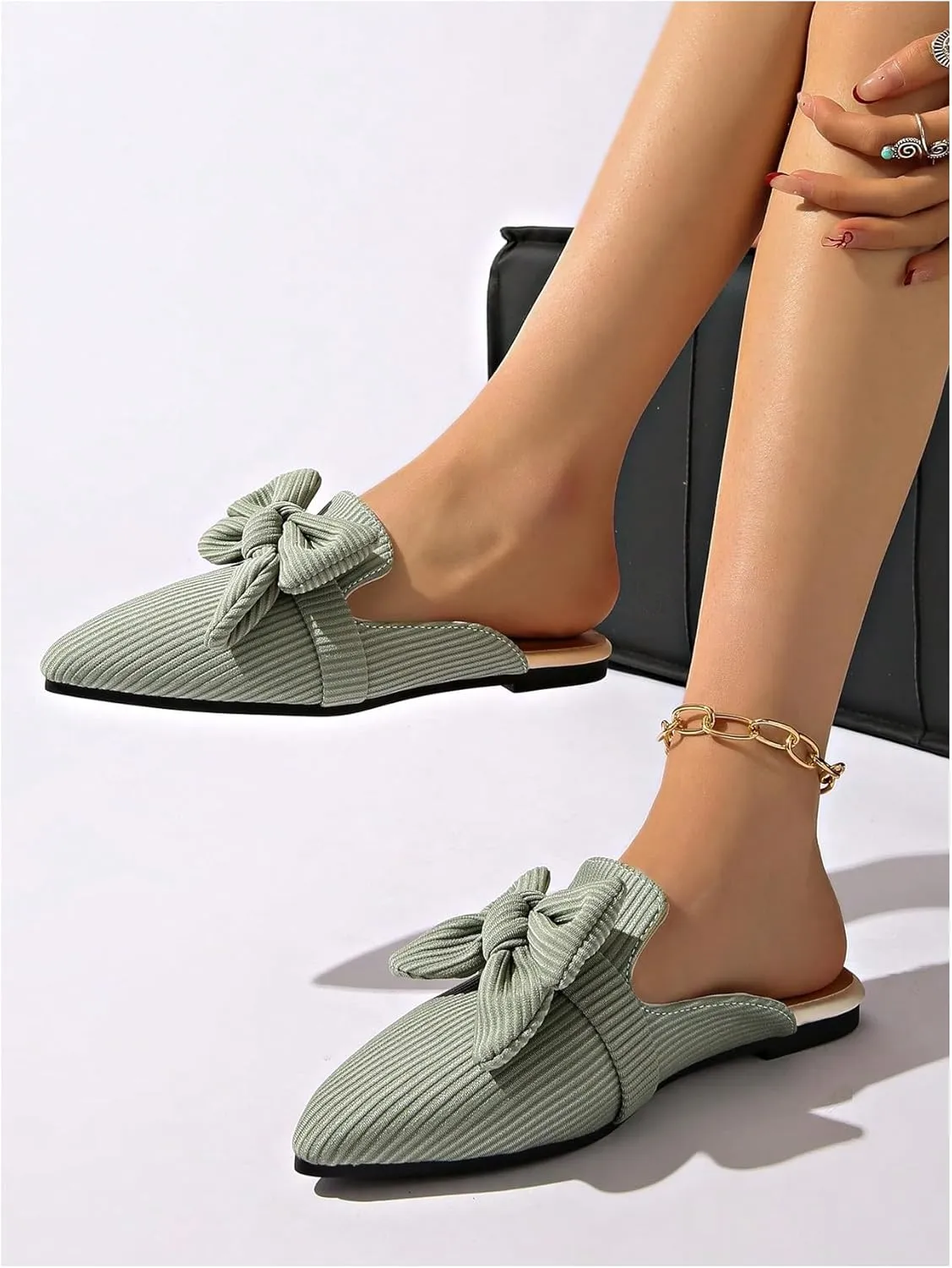 Verdusa Women's Bow Striped Pointed Toe Mule Shoes PU Leather Backless Slip on Slide Flats