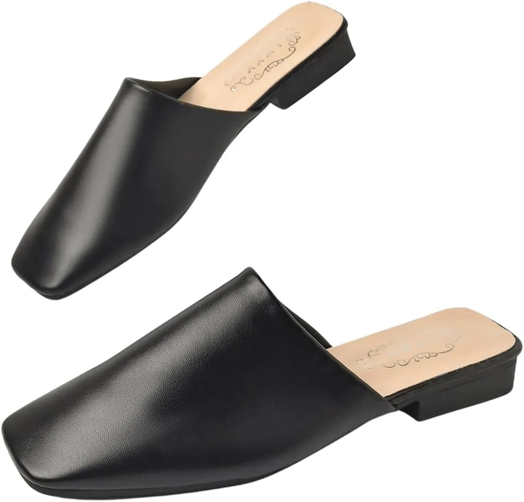 Verdusa Women's PU Leather Square Toe Flat Mules Slip On Slides Mule Shoes