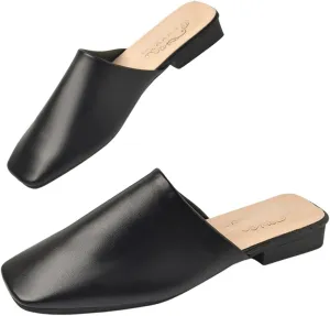 Verdusa Women's PU Leather Square Toe Flat Mules Slip On Slides Mule Shoes