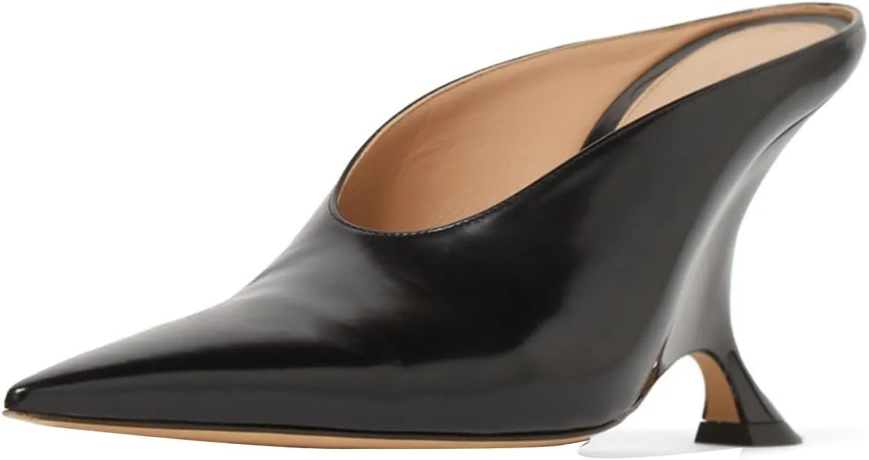Vertundy Women's Metallic High Heeled Mules Wedge Heels Pointed Toe Backless Slide Pumps Slip On Dress Patent Leather Mule Ladies Black