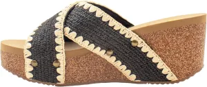 VOLATILE Womens Antigua Raffia Studded Slide Casual Sandals Casual Mid Heel 2-3" - Black