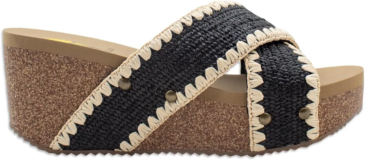 VOLATILE Womens Antigua Raffia Studded Slide Casual Sandals Casual Mid Heel 2-3" - Black