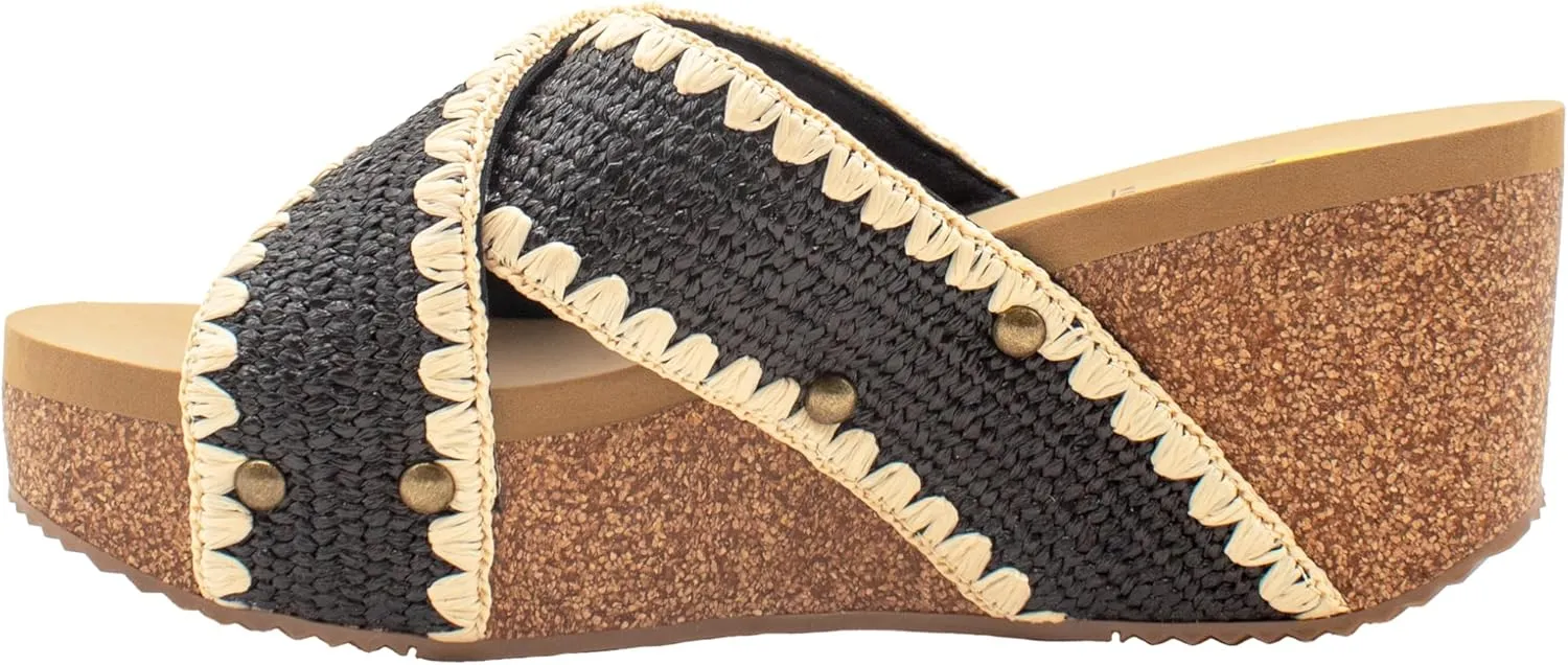 VOLATILE Womens Antigua Raffia Studded Slide Casual Sandals Casual Mid Heel 2-3" - Black