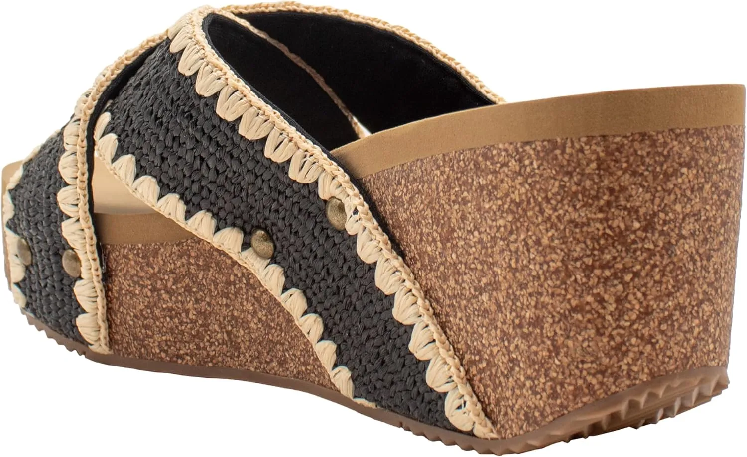 VOLATILE Womens Antigua Raffia Studded Slide Casual Sandals Casual Mid Heel 2-3" - Black