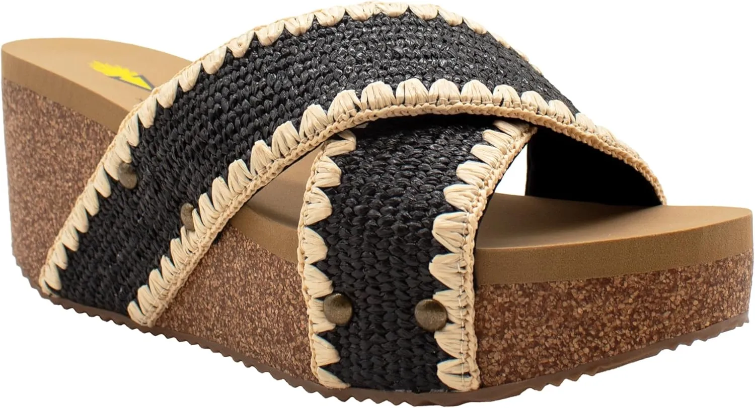VOLATILE Womens Antigua Raffia Studded Slide Casual Sandals Casual Mid Heel 2-3" - Black