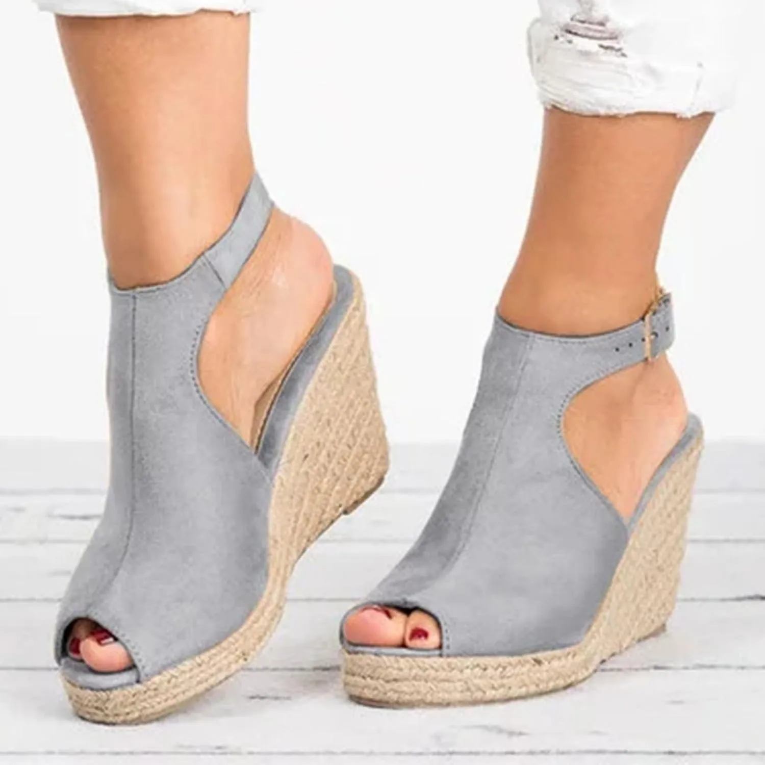 Wedge Sandals for Women Dressy Summer Platform Shoes Casual Open Toe Espadrilles Ankle Strap Buckle High Heels Sandal Straw Woven Classic Shoe Comfortable Walking Shoes for Outdoor