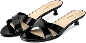 wetkiss Womens Heeled Sandals Open Round Toe Slip on Kitten Heel Mules Low Heel Slide Sandals for Women Cross Strap Backless Mule Flats Comfortable Summer Dress Heels