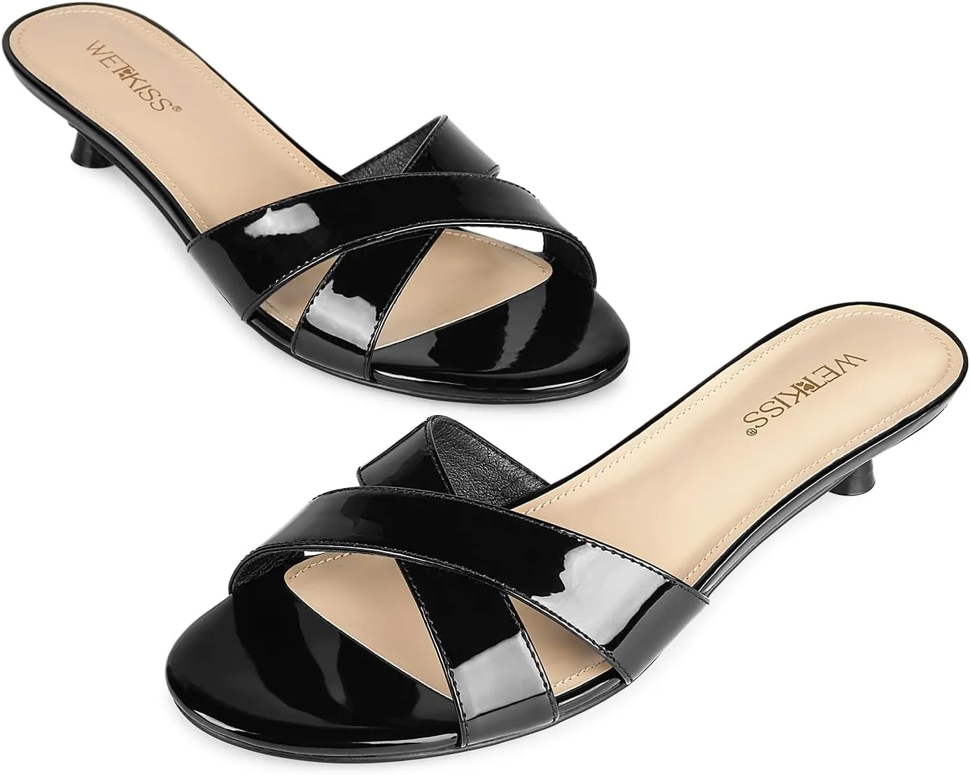 wetkiss Womens Heeled Sandals Open Round Toe Slip on Kitten Heel Mules Low Heel Slide Sandals for Women Cross Strap Backless Mule Flats Comfortable Summer Dress Heels