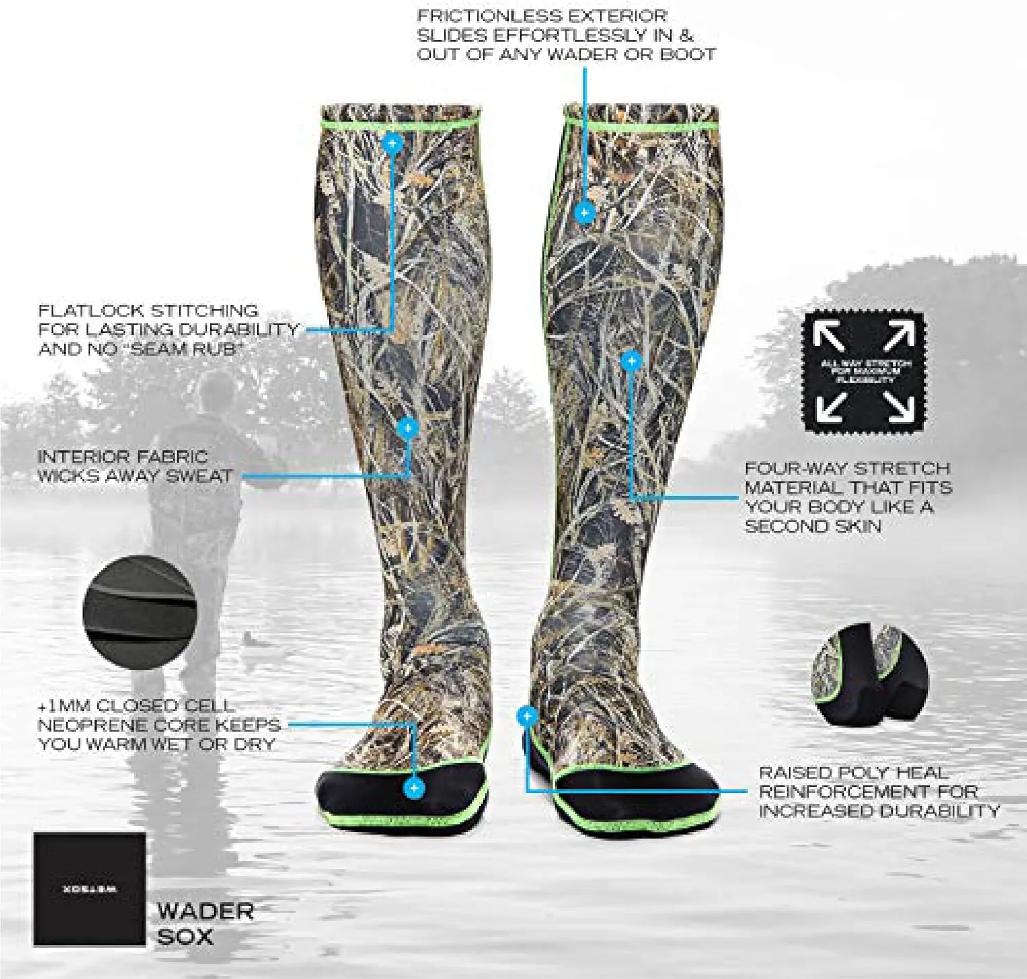 Wetsox Frictionless 1 MM Wader Socks | Slide In/Out of Boots/Waders | Neoprene for Warmth & Dryness | Waterproof, Lightweight