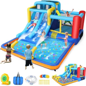 Whubefy Bounce House with Double Water Slide for Kids 3-12 w/Blower, 12x10FT Jump and Slide Inflatable Water Park w/ 2 Slides, Jumping Area, Climbing Wall and Water Cannons for Indoor Outdoor Backyard