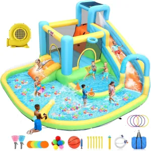 Whubefy Inflatable Bounce House Water Slide, 12.8x12x6.7ft Water Park for Kids, All-in-1 Jump House with Dual Slides & Splash Pool with 550W Blower for Kids Backyard Party