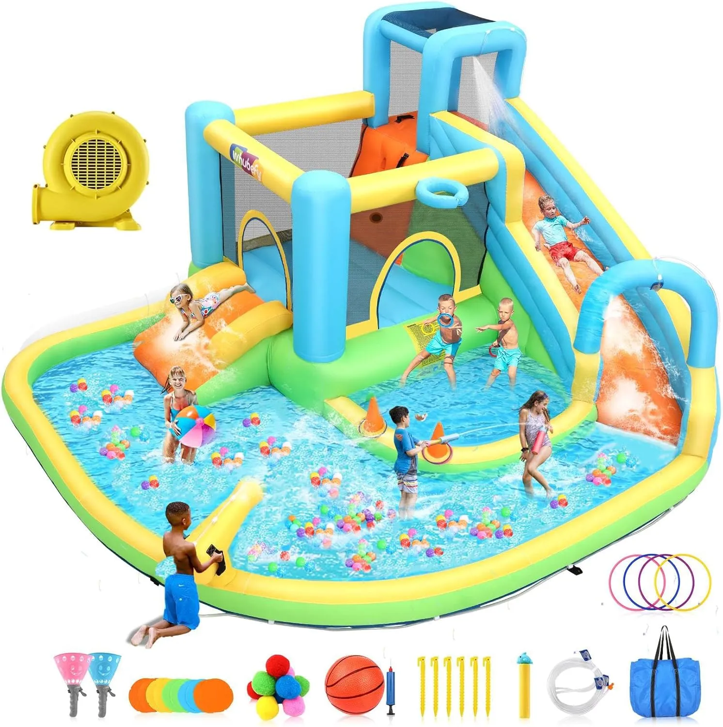 Whubefy Inflatable Bounce House Water Slide, 12.8x12x6.7ft Water Park for Kids, All-in-1 Jump House with Dual Slides & Splash Pool with 550W Blower for Kids Backyard Party