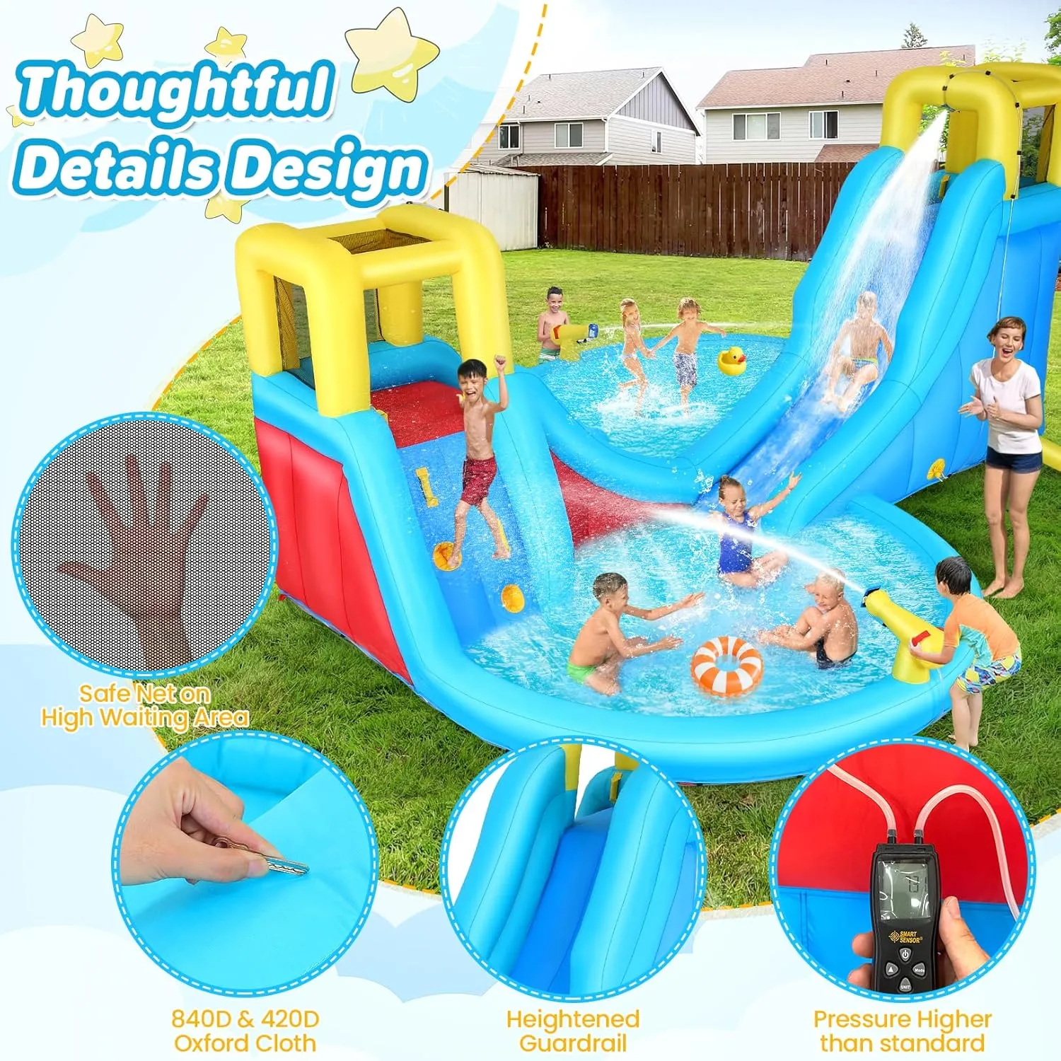 WHUBEFY Inflatable Water Slides for Kids - Blow Up Water Park with Climbing Wall, Water Gun, 2 Pool Slides