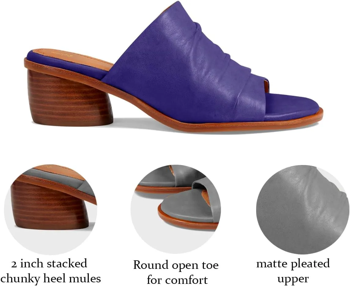 Women Chunky Block Heel Mules Open Toe Slip On Mule Sandals Stacked Heels Mule Shoes Pleated Matte 2 inch Mule Heels Slide Shoes Casual Walking Outdoor Heeled Mules Retro 4-11 M US