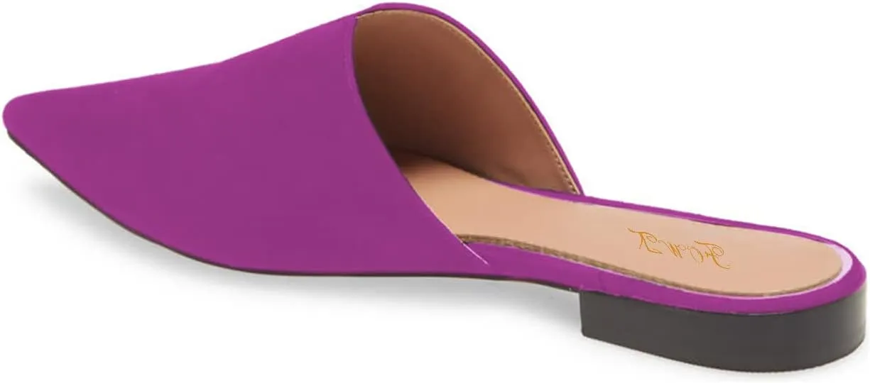Women Fashion Suede Mules, Sexy Closed Pointed Toe Flat Loafer, Low Heel Backless Mule Sandals, V Cut Lightweight Slip on Walking Shoes for Ladies, Elegant Dress Casual Slippers, Full Size 4-16 M US