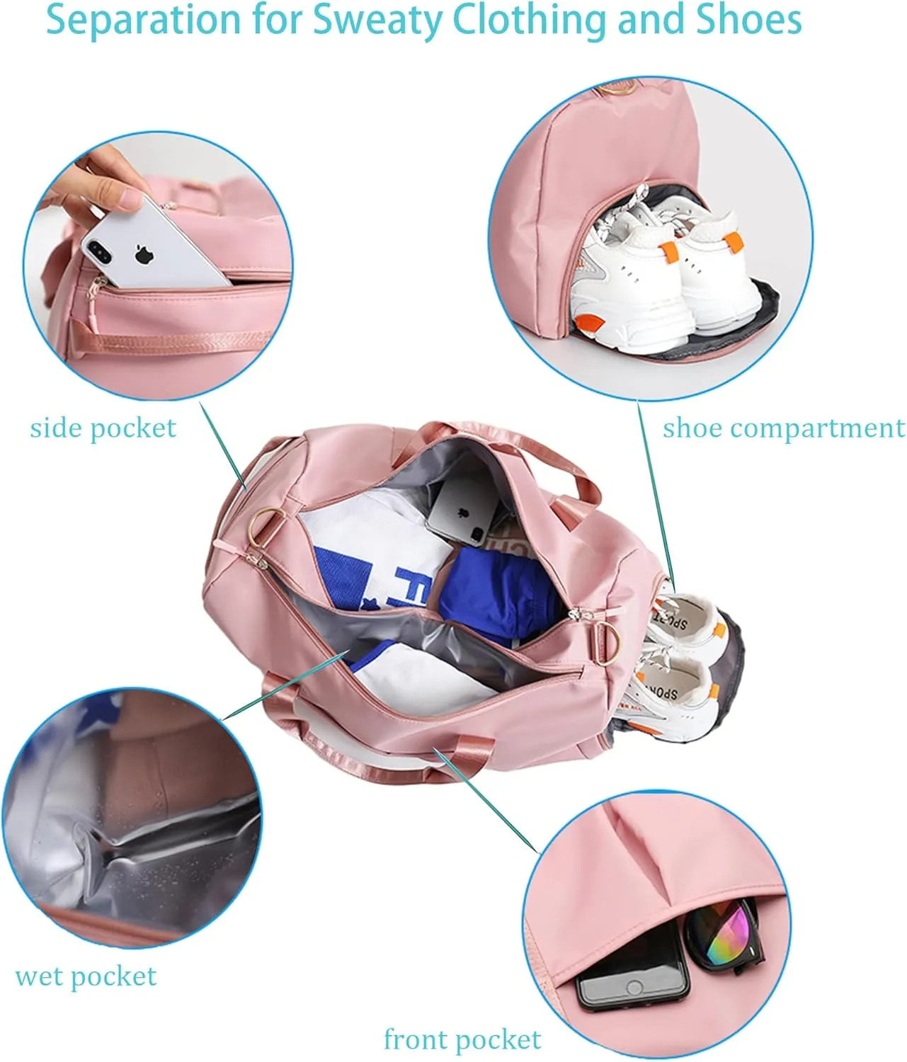 Women Gym Bag with Separation for Wet and Dry, Shoe Storage, Waterproof Travel Duffle Bag for Gym, Swimming, Yoga, Sports (Pink)