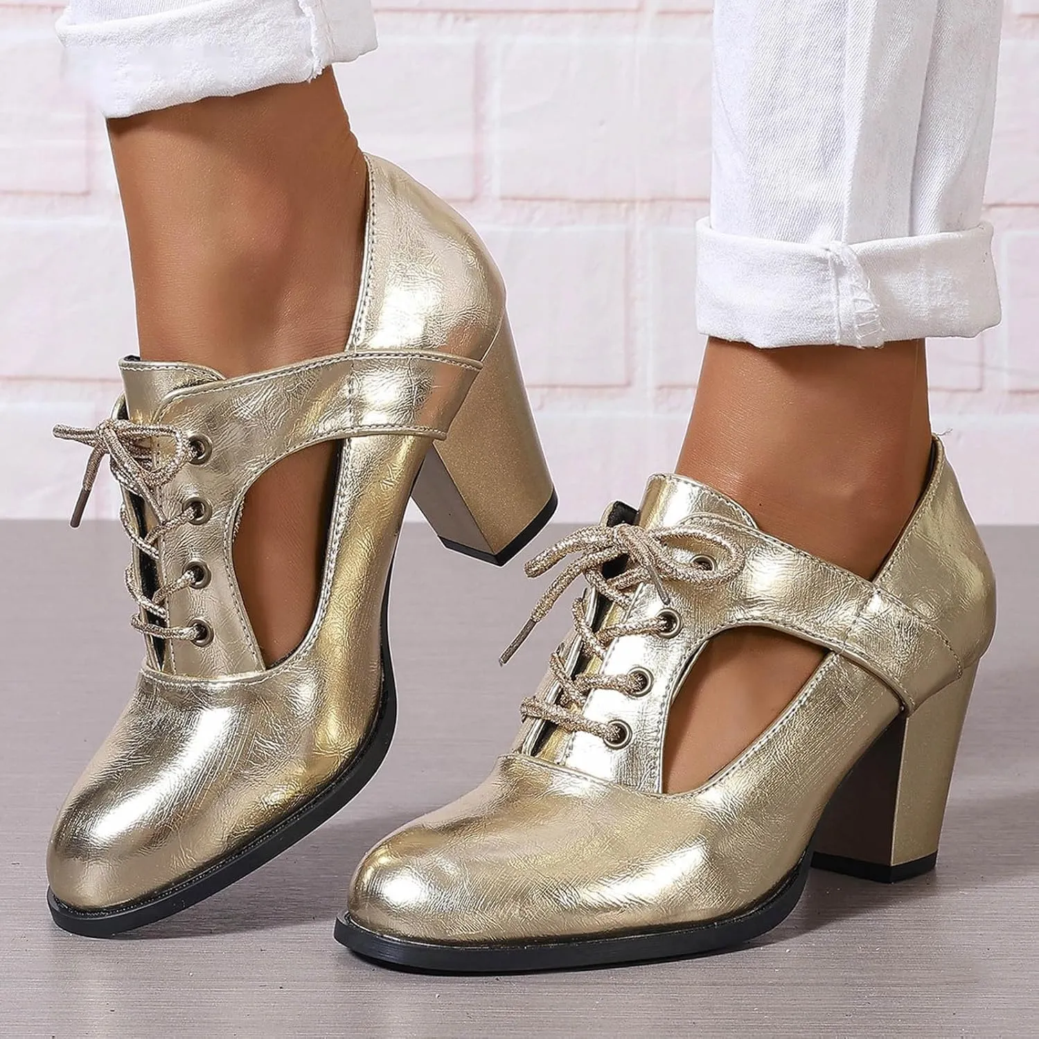 Women High Heel Boots Fashionable New Pattern Vintage Chunky Heeled Metallic Lace Up Shoes Womens Yoga Sandals Size 11