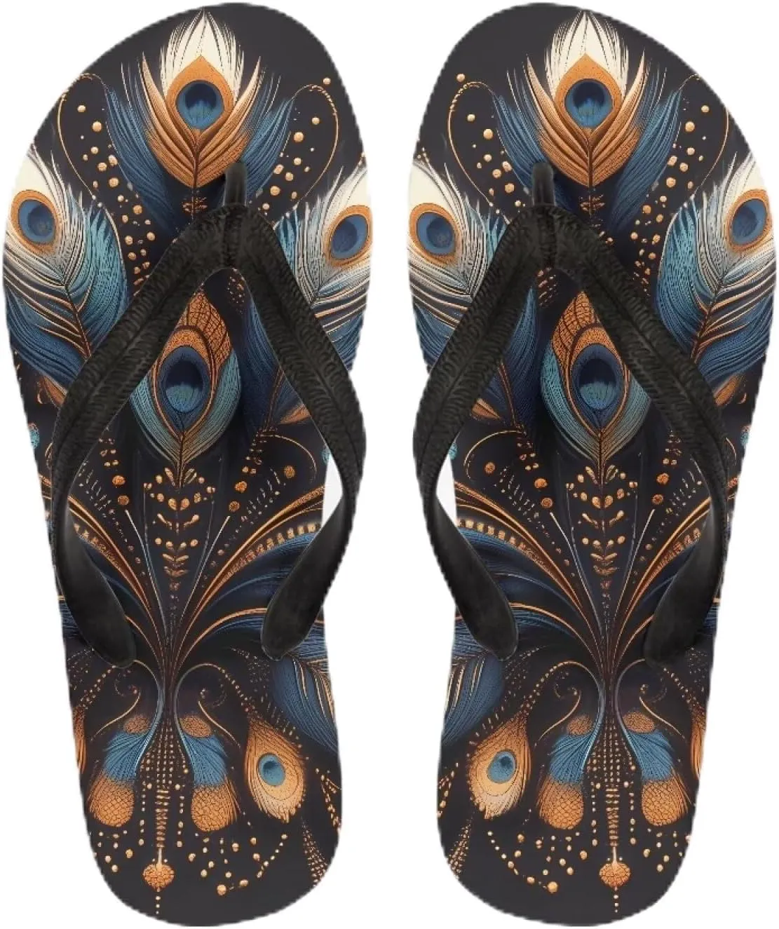 Women Peacock Feather Flip Flop Sandal, Summer Watercolor Feathers Painting Lightweight Slippers Print Hawaii Holiday Thong Sandals US 8