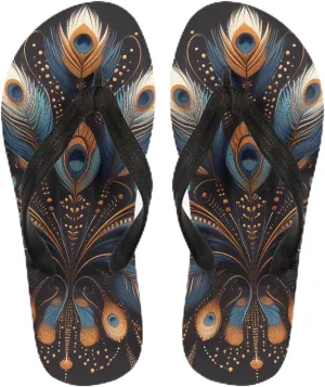 Women Peacock Feather Flip Flop Sandal, Summer Watercolor Feathers Painting Lightweight Slippers Print Hawaii Holiday Thong Sandals US 8