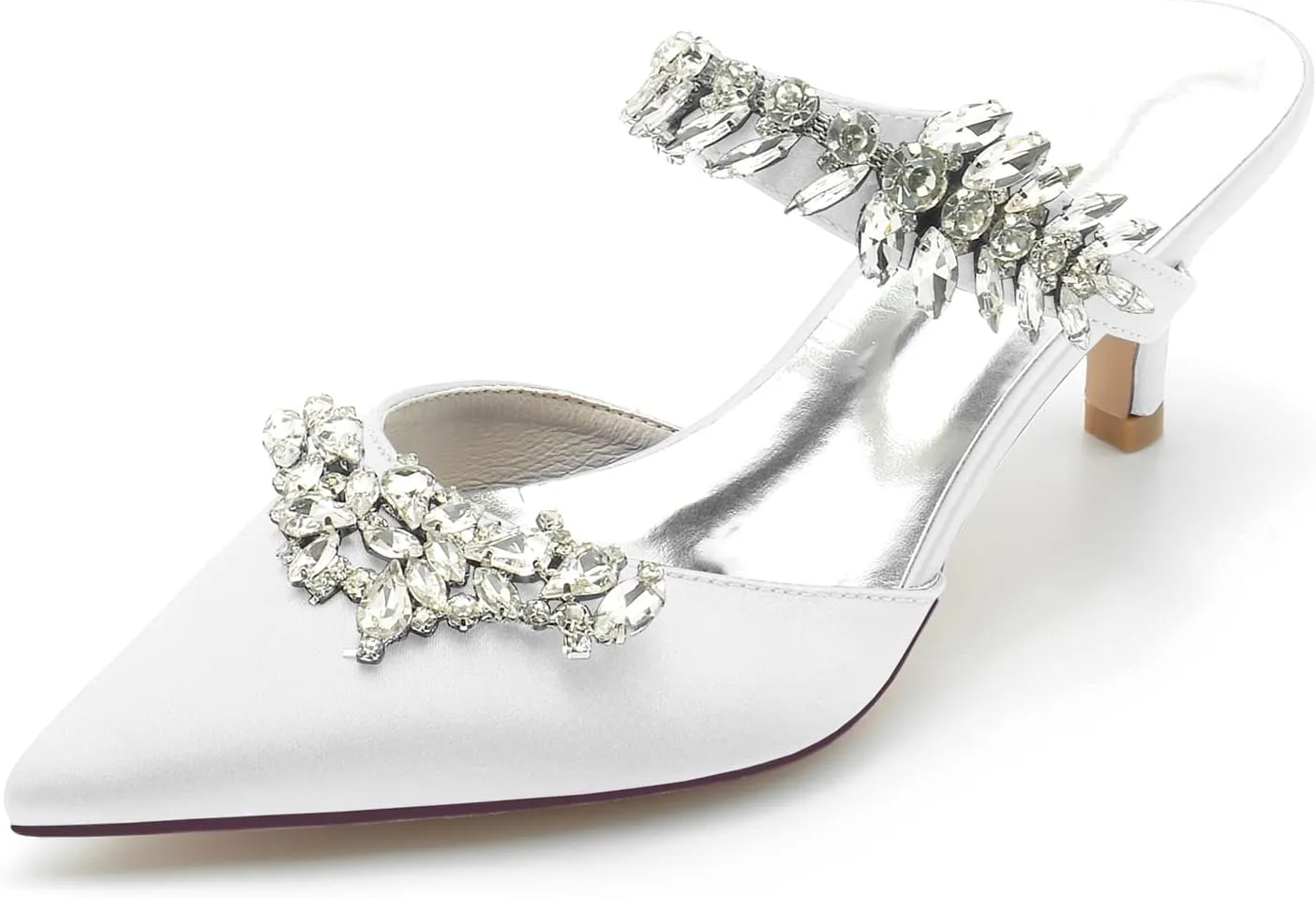 Women Pointed Toe Rhinestone Slide Mule Pumps Sexy Evening Satin Crystal Kitten Low Heel Dress Shoes White Size 7