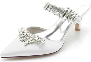 Women Pointed Toe Rhinestone Slide Mule Pumps Sexy Evening Satin Crystal Kitten Low Heel Dress Shoes White Size 7
