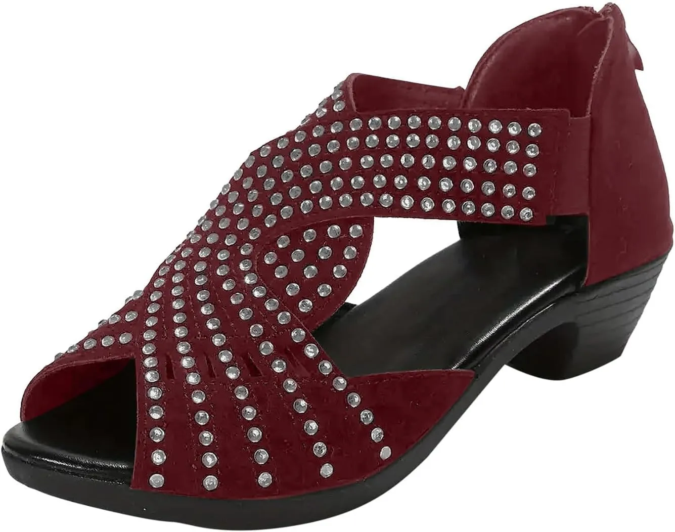 Women Rhinestone Chunky Heels Breathable Fish Mouth Back Zipper Platform Sandals Summer Dressy Cut Out Sandals Wedding Shoes