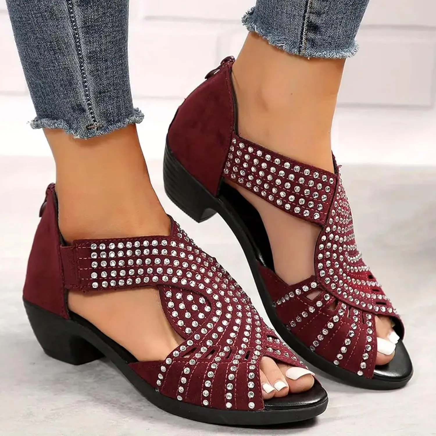 Women Rhinestone Chunky Heels Breathable Fish Mouth Back Zipper Platform Sandals Summer Dressy Cut Out Sandals Wedding Shoes