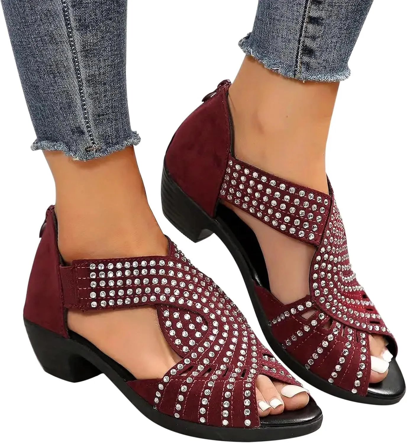 Women Rhinestone Chunky Heels Breathable Fish Mouth Back Zipper Platform Sandals Summer Dressy Cut Out Sandals Wedding Shoes