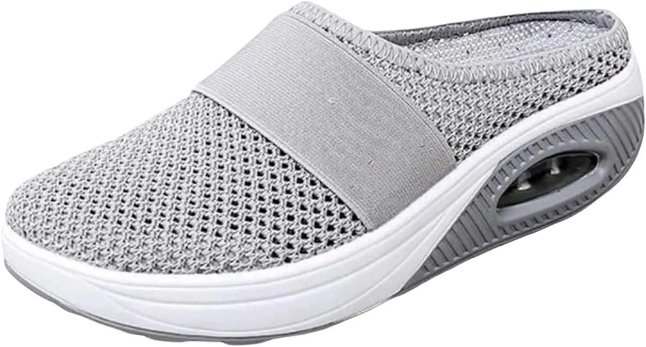Women's Air Cushion Slip-On Sandals Mesh Orthopedic Diabetic Walking Shoes Breathable Arch Support Shoe Lightweight Platform Sandal Summer Wedge Backless Slippers Casual Mules Sneakers