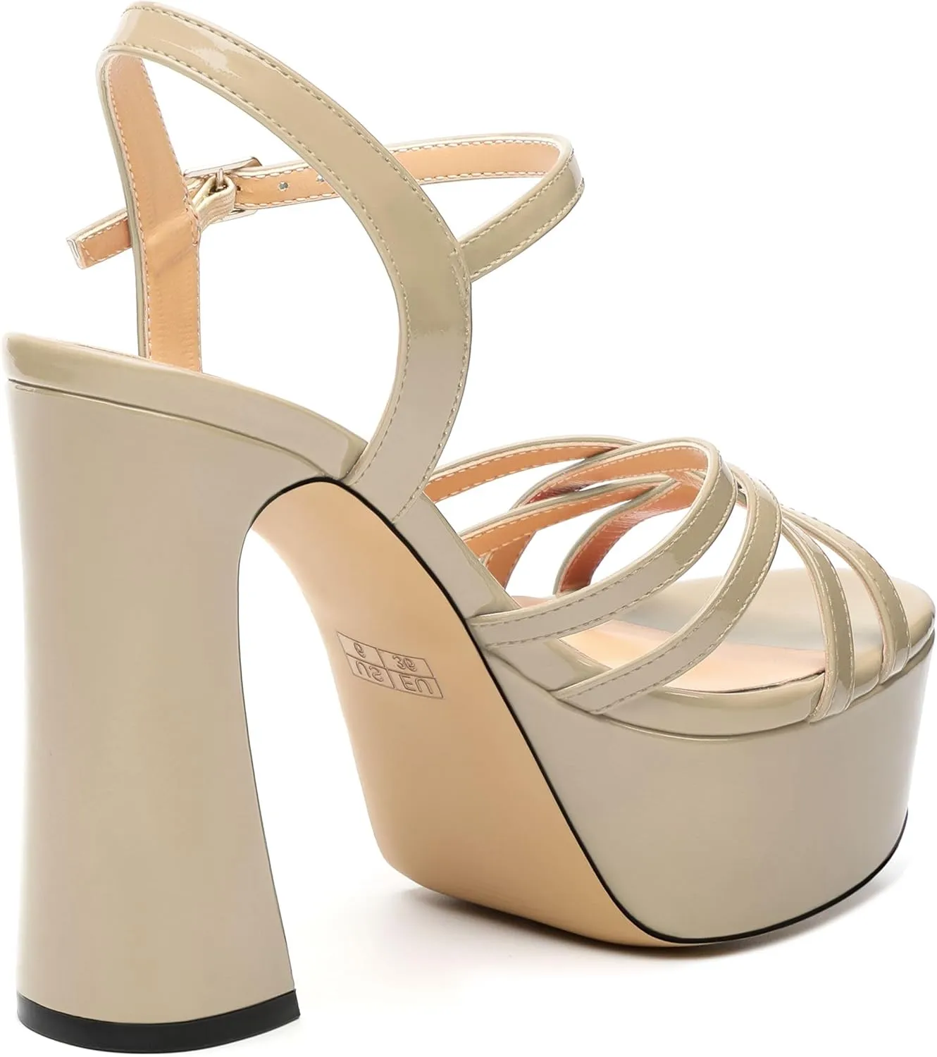 Womens Ankle Buckle Strap Round Open Toe Summer Slingback Block High Heel Platforms Sandals Heeled Wedding Party Prom Evening Dress Sandal Shoes 4.7"