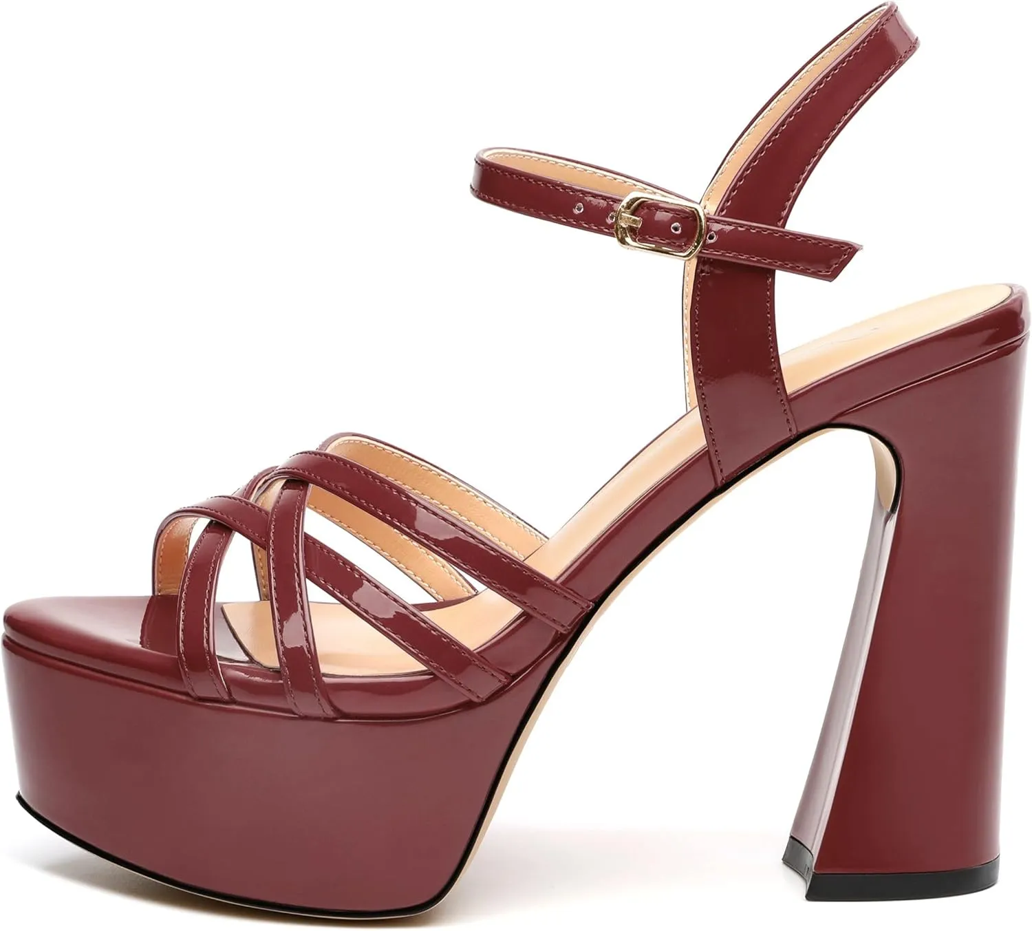 Womens Ankle Buckle Strap Round Open Toe Summer Slingback Block High Heel Platforms Sandals Heeled Wedding Party Prom Evening Dress Sandal Shoes 4.7"